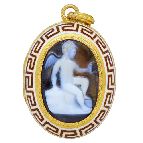 71 - RARE DOUBLE SIDED CAMEO AND ENAMEL LOCKET PENDANT, one side set with a carved hardstone cameo depict... 