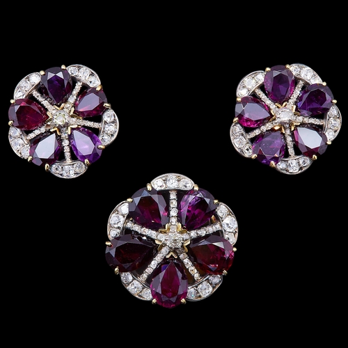 72 - RARE ANTIQUE VICTORIAN DIAMOND AND GARNET BROOCH AND EARRING SET, the brooch of round design, set wi... 