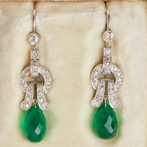 10 - PAIR OF EMERALD AND DIAMOND DROP EARRINGS, The diamond set tops, suspending a diamond drop with a la... 