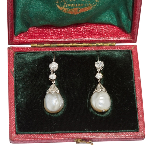 100 - CERTIFICATED NATURAL PEARL AND DIAMOND DROP EARRINGS, The diamond set top, suspending a diamond drop... 