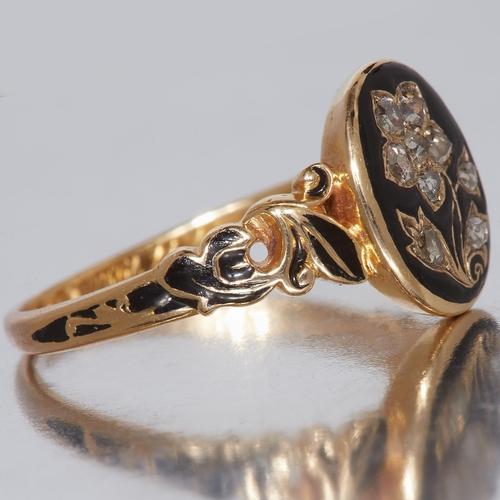 101 - ANTIQUE DIAMOND AND ENAMEL RING, in 18 ct. gold. The head set with diamonds in the shape of a flower... 