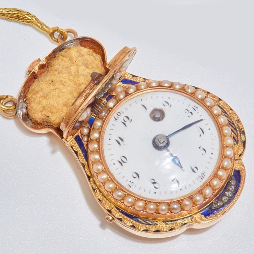 11 - IMPORTANT GOLD AND ENAMEL POCKETWATCH CHATELAINE, in 18 ct. gold. The top of part scrolling design. ... 