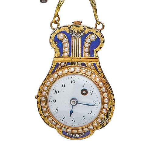 11 - IMPORTANT GOLD AND ENAMEL POCKETWATCH CHATELAINE, in 18 ct. gold. The top of part scrolling design. ... 