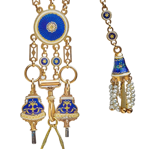 11 - IMPORTANT GOLD AND ENAMEL POCKETWATCH CHATELAINE, in 18 ct. gold. The top of part scrolling design. ... 