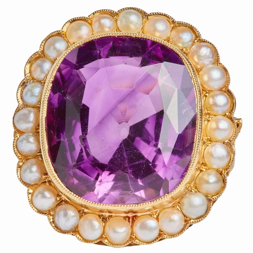 164 - LARGE AMETHYST AND PEARL CLUSTER RING, set with a large amethyst of approx. 11 ct. Surrounded with a... 