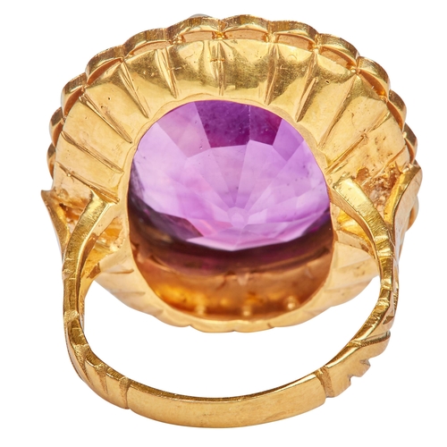 164 - LARGE AMETHYST AND PEARL CLUSTER RING, set with a large amethyst of approx. 11 ct. Surrounded with a... 