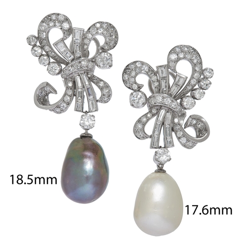 166 - IMPORTANT PAIR OF DIAMOND AND PEARL DORP EARRINGS, in precious white metal. the earings of scrolling... 