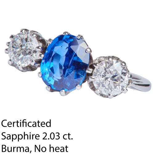 169 - IMPORTANT SAPPHIRE AND DIAMOND 3-STONE RING, set with a central blue sapphire of approx. 2.03 ct. Fl... 