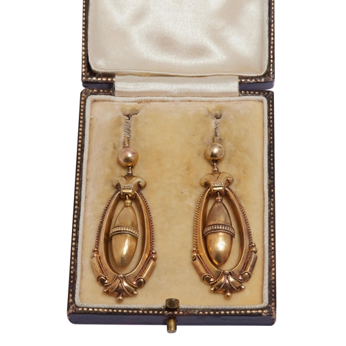 4 - ANTIQUE VICTORIAN PAIR OF DROP EARRINGS, the part scrolling surmount decorated with balls and twiste... 