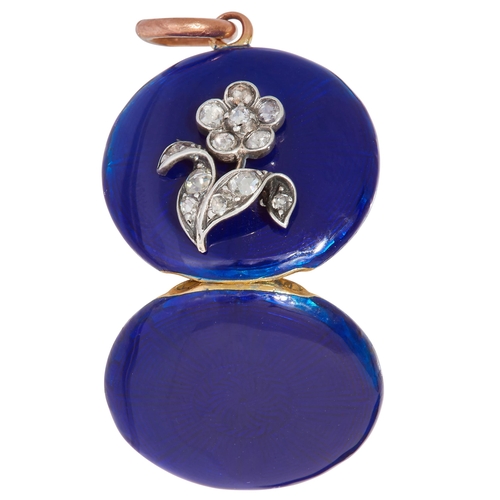 53 - ANTIQUE ENAMEL AND DIAMOND LOCKET PENDANT, The front set with a floral diamond appliqué. Diam. 2.3 c... 