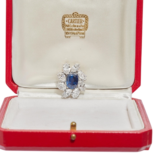 55 - CARTIER PARIS, IMPORTANT CERTIFICATED CEYLON SAPPHIRE AND DIAMOND BROOCH, in 18 ct. gold. The brooch... 