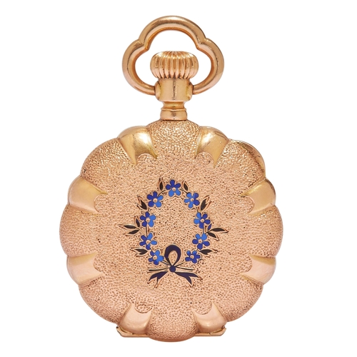 61 - ANTIQUE ENAMEL AND DIAMOND HUNTER POCKET WATCH, in 18 ct. gold. The front cover decorated with a pea... 