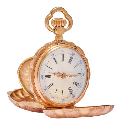 61 - ANTIQUE ENAMEL AND DIAMOND HUNTER POCKET WATCH, in 18 ct. gold. The front cover decorated with a pea... 