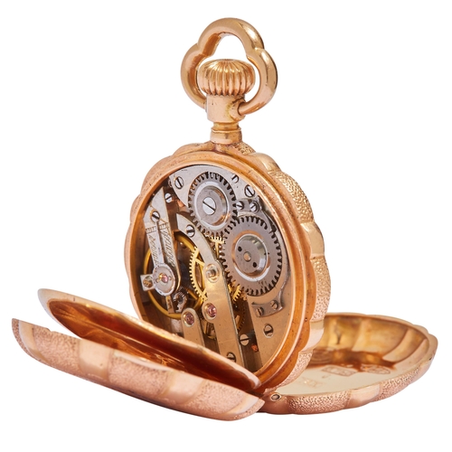 61 - ANTIQUE ENAMEL AND DIAMOND HUNTER POCKET WATCH, in 18 ct. gold. The front cover decorated with a pea... 