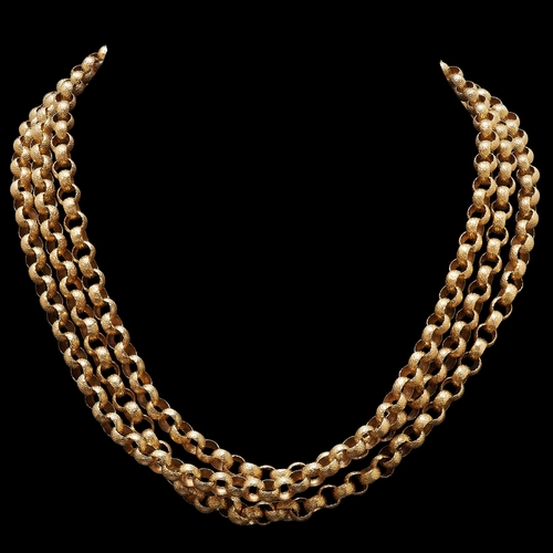 67 - BEAUTIFUL GEORGIAN GOLD LONG GUARD CHAIN, tests as 15 ct. gold. The links all with relief decoration... 