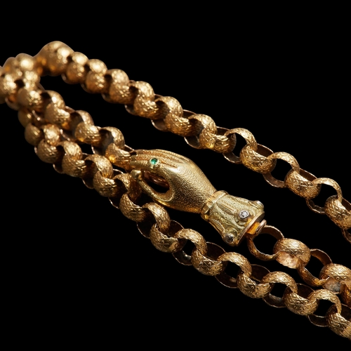 67 - BEAUTIFUL GEORGIAN GOLD LONG GUARD CHAIN, tests as 15 ct. gold. The links all with relief decoration... 