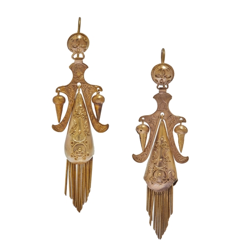 71 - VICTORIAN PAIR OF TASSEL DROP EARRINGS, decorated with engraving and wire work relief. L. 5.8 cm. 6.... 