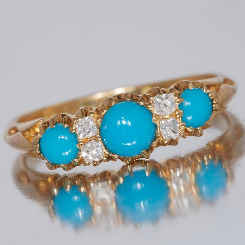 74 - TURQUOISE AND DIAMOND RING, set with 3 cabochon cut turquoise, flanked with 4 diamonds. Size L 1/2. ... 