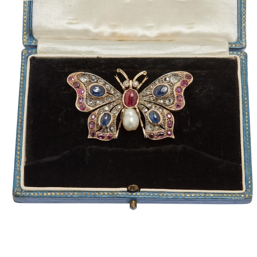 92 - CERTIFICATED NATURAL SALTWATER PEARL, RUBY SAPPHIRE AND DIAMOND BUTTERFLY BROOCH, The body set with ... 