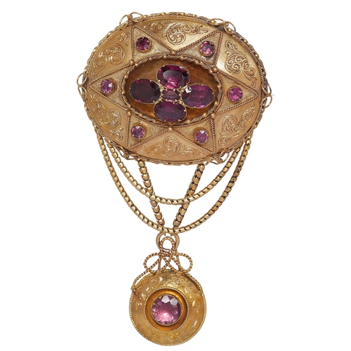 161 - ANTIQUE VICTORIAN AMETHYST  DROP BROOCH, The Large oval top set with 4 larger amethyst to the center... 