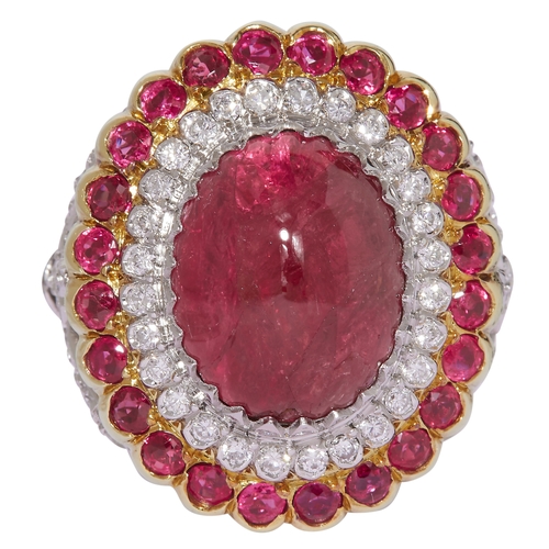 167 - LARGE RUBY AND DIAMOND CLUSTER RING, set to the center with a large oval cabochon cut ruby of approx... 