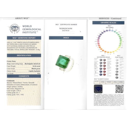 106 - IMPORTANT CERTIFICATED 14.16 CT. EMERALD AND DIAMOND RING, in 18 ct. gold. Set with an emerald of 14... 