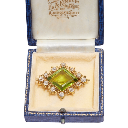 105 - ANTIQUE VICTORIAN PERIDOT AND DIAMOND BROOCH, set with a central diamond cut peridot of approx. 19 c... 