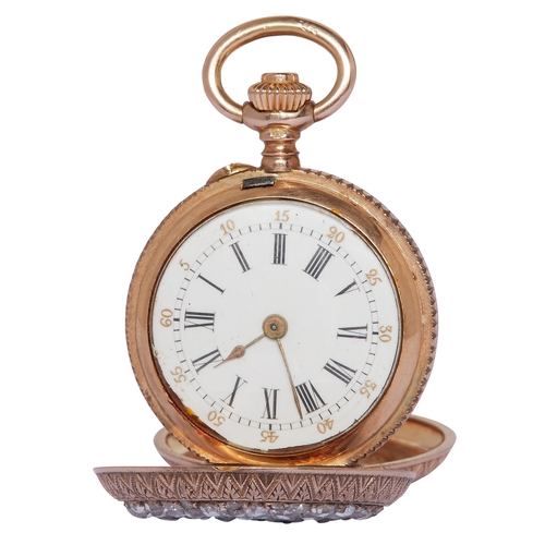 106 - DIAMOND SET POCKET WATCH, in 18 ct. gold. The front cover set with diamonds totalling approx. 1 ct. ... 