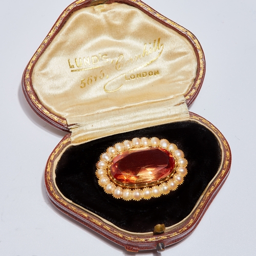 107 - IMPORTANT ANTIQUE CERTIFICATED IMPERIAL TOPAZ AND PEARL BROOCH, set with a central oval imperial top... 