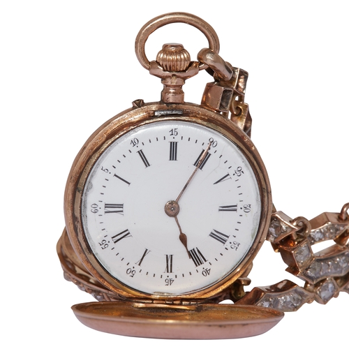 112 - RARE DIAMOND SET POCKET WATCH WITH BROOCH, in 18 ct gold. The watch suspending from a diamond set dr... 