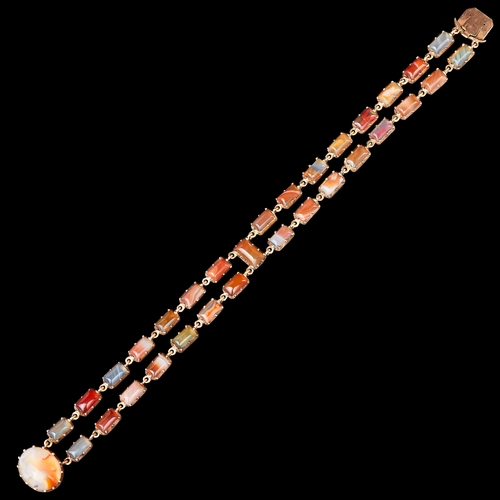 164 - VICTORIAN AGATE BRACELET, the bracelet of 2-row design, set with elongated cabochon cut agate, with ... 