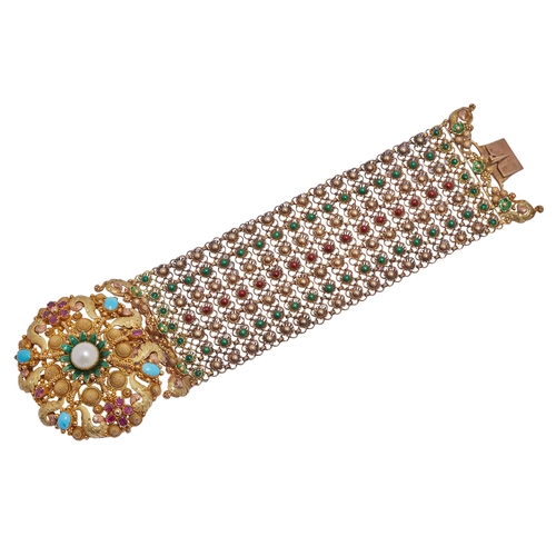 180 - ANTIQUE GOLD ENAMEL AND GEMSTONE BRACELET, The links alternately decorated with red and green enamel... 