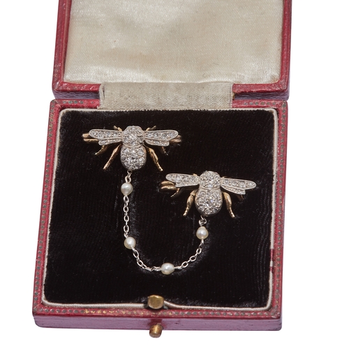 184 - DOUBLE FLY DIAMOND OPAL AND PEARL BROOCH, The 2 flies each set throughout with diamonds and 2 opal e... 