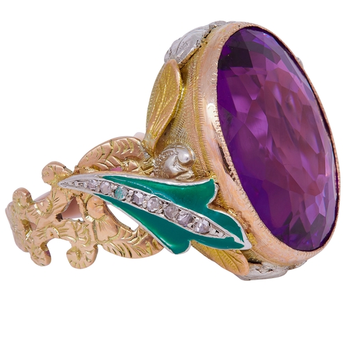 193 - AMETHYST DIAMOND AND ENAMEL BISHOPS RING, in 14 ct. gold. Set with a large cushion cut amethyst. The... 