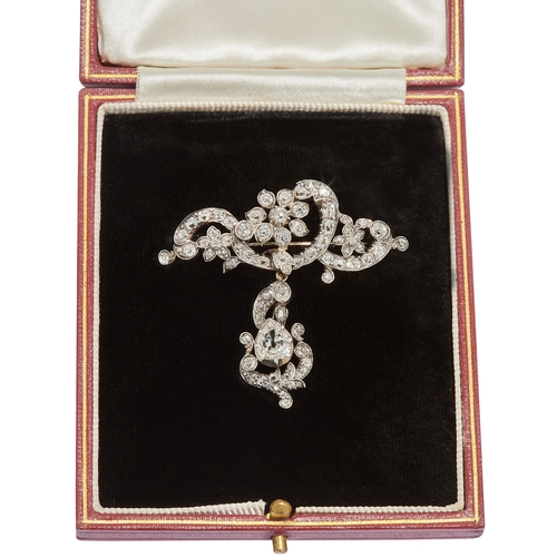 38 - ANTIQUE DIAMOND DROP BROOCH, the top part of scrolling and floral design, set throughout with diamon... 