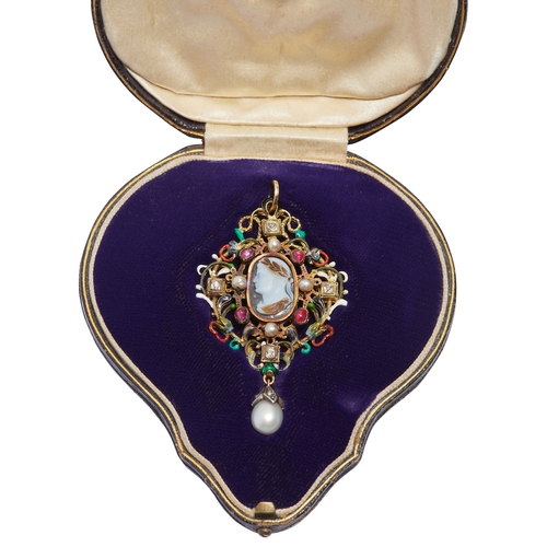 53 - HIGHLY IMPORTANT RENAISSANCE CAMEO, PEARL, RUBY DIAMOND AND ENAMEL PENDANT, ca. 1580. Set to the cen... 