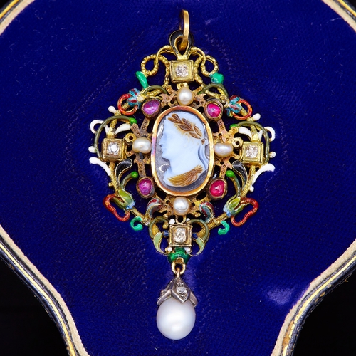 53 - HIGHLY IMPORTANT RENAISSANCE CAMEO, PEARL, RUBY DIAMOND AND ENAMEL PENDANT, ca. 1580. Set to the cen... 