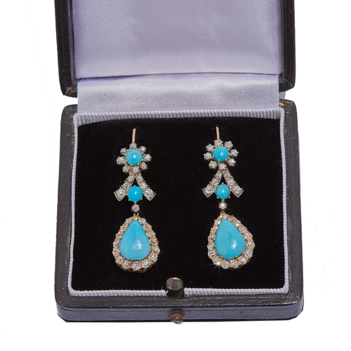 17 - PAIR OF TURQUOISE AND DIAMOND DROP EARRINGS, each ending with a larger pear shaped turquoise drop. D... 