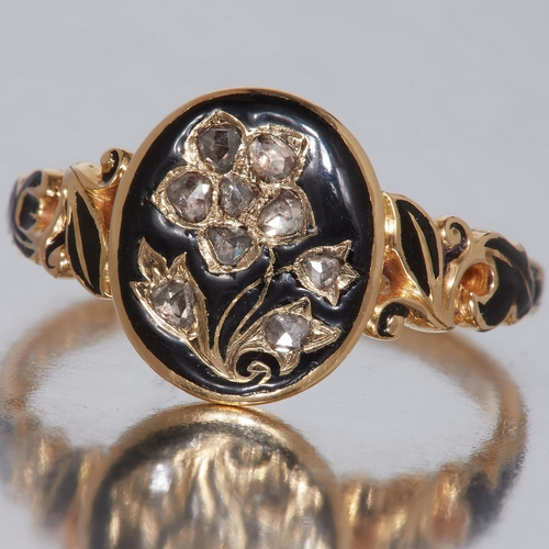 119 - ANTIQUE DIAMOND AND ENAMEL RING, in 18 ct. gold. The head set with diamonds in the shape of a flower... 