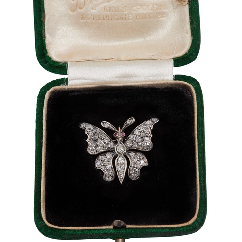 137 - VICTORIAN DIAMOND BUTTERFLY BROOCH, set with old cut diamonds totalling approx. 1.50 ct. and 2 ruby ... 