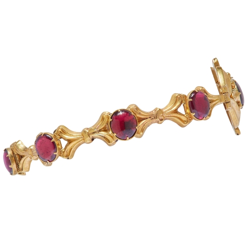 143 - VICTORIAN GARNET LINK BRACELET, the links of part openwork scrolling design. The centre set with a l... 