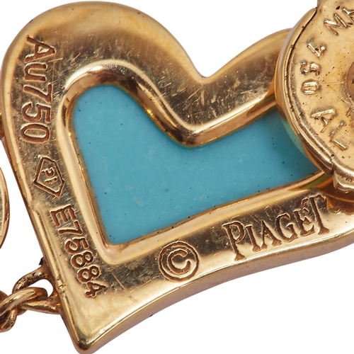 176 - PIAGET, PAIR OF TURQUOISE AND MOTHER OF PEARL HEART DROP EARRINGS, in 18 ct. gold. Designed as a dro... 