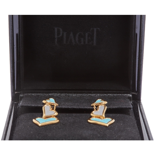 176 - PIAGET, PAIR OF TURQUOISE AND MOTHER OF PEARL HEART DROP EARRINGS, in 18 ct. gold. Designed as a dro... 