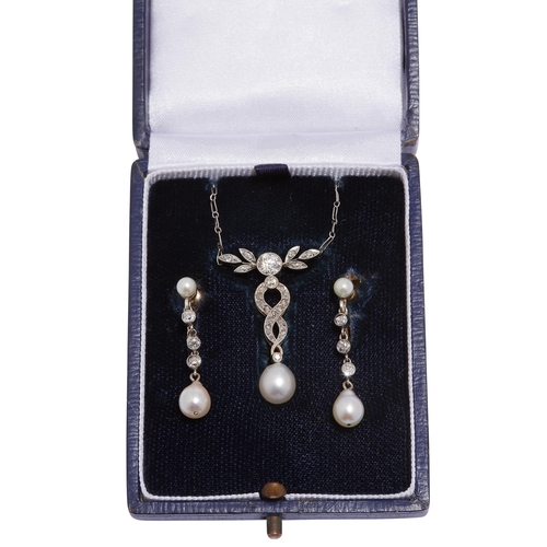 230 - CERTIFICATED NATURAL SALTWATER PEARL AND DIAMOND DROP PENDANT NECKLACE AND PAIR OF EARRINGS, the pen... 