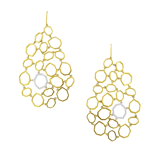 249 - PAIR OF MODERN LARGE HONEY COMB DIAMOND EARRINGS, of moving design, in yellow gold, with 1 white gol... 