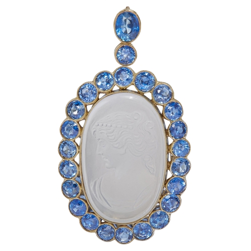 250 - MOONSTONE CAMEO AND SAPPHIRE PENDANT, set with an oval carved moonstone cameo depicting the bust of ... 