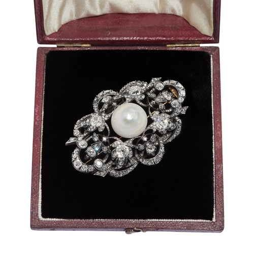 268 - IMPORTANT ANTIQUE NATURAL PEARL AND DIAMOND BROOCH, The brooch of openwork scrolling and guirland de... 