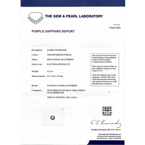 279 - CERTIFICATED CEYLON PURPLE SAPPHIRE AND DIAMOND 3-STONE RING, set with a purple sapphire of 1.21 ct.... 