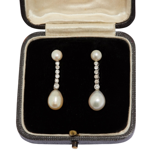 282 - IMPORTANT PAIR OF NATURAL PEARL AN DIAMOND DROP EARRINGS, set with a pearl top, suspending a 6 diamo... 