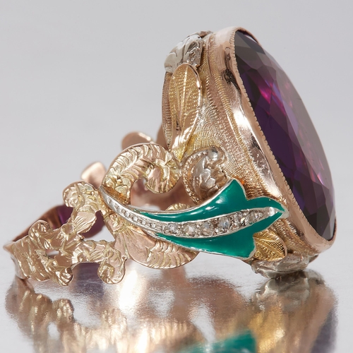 284 - AMETHYST DIAMOND AND ENAMEL BISHOPS RING, in 14 ct. gold. Set with a large cushion cut amethyst. The... 